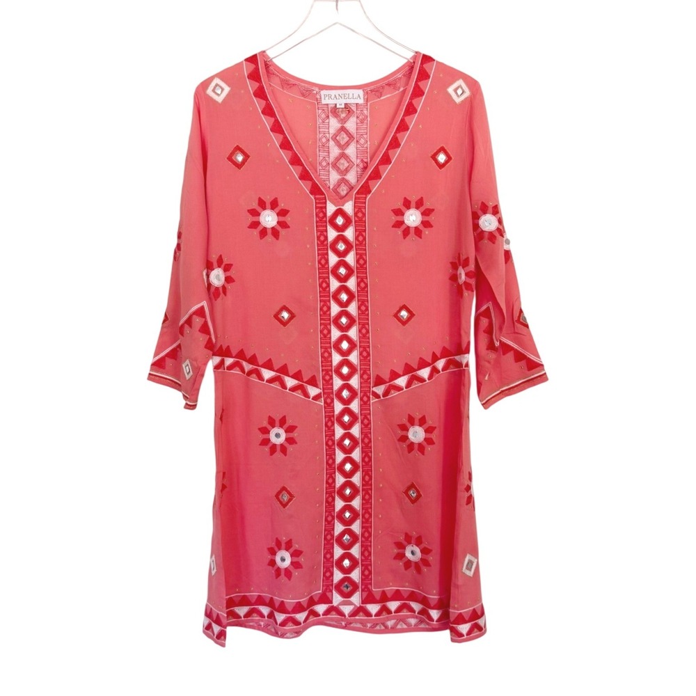 Pranella Aribella Medium Dress Luxury Beachwear Coral Geometric Embroidery‎